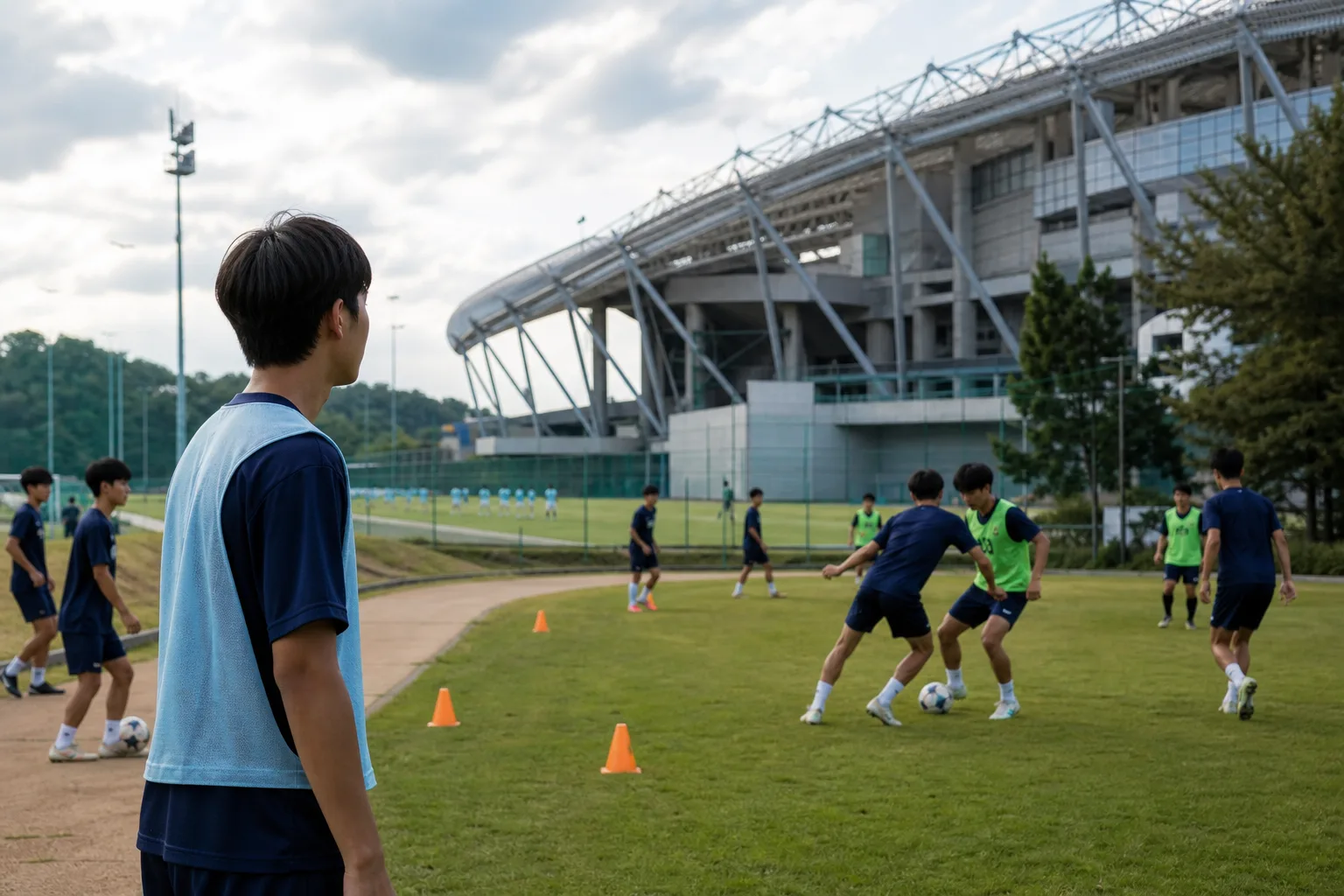 프로 경기장 옆 보조구장에서 훈련과 경기를 하는 젊은 축구 선수들의 일러스트