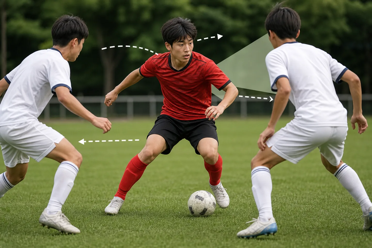 좁은 공간에서 왼발로 공을 지키며 수비수 사이를 빠져나오는 축구 선수 일러스트